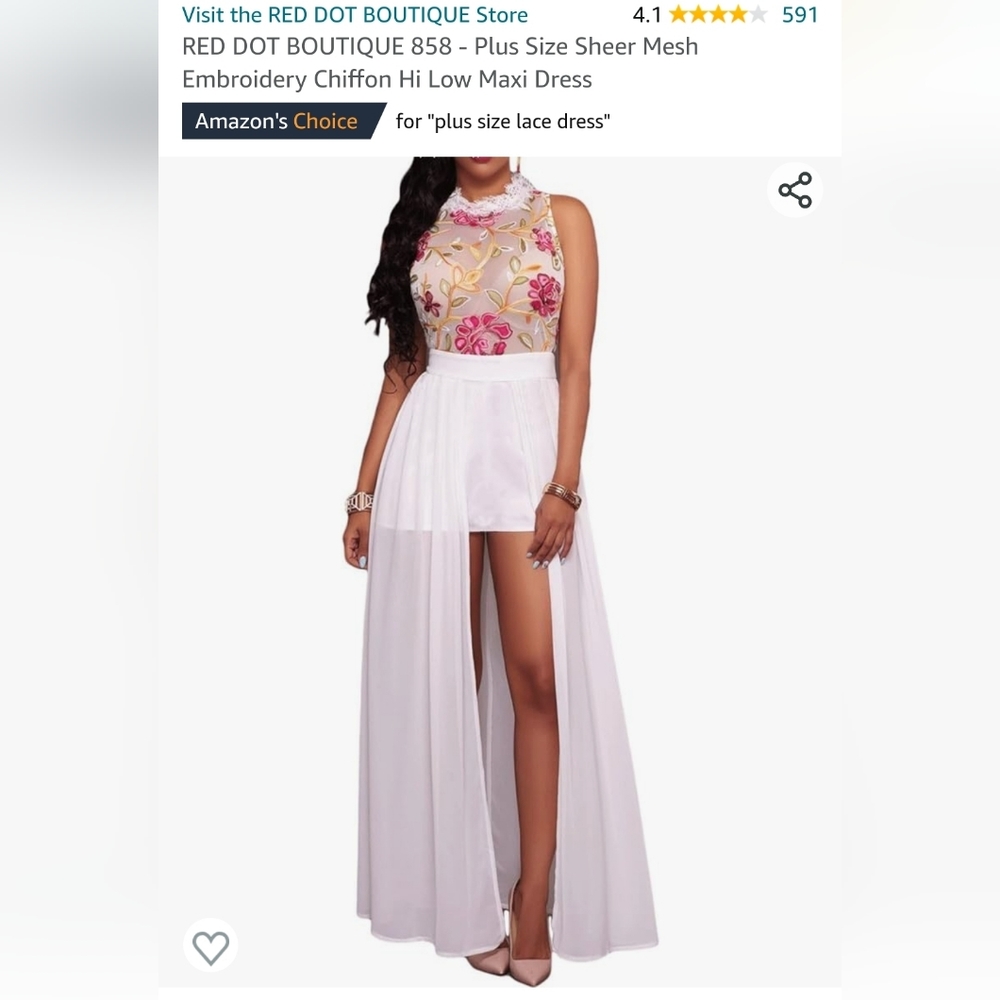 Plus Size Sheer Mesh Embroidery Chiffon Hi Low Maxi Dress White 4X